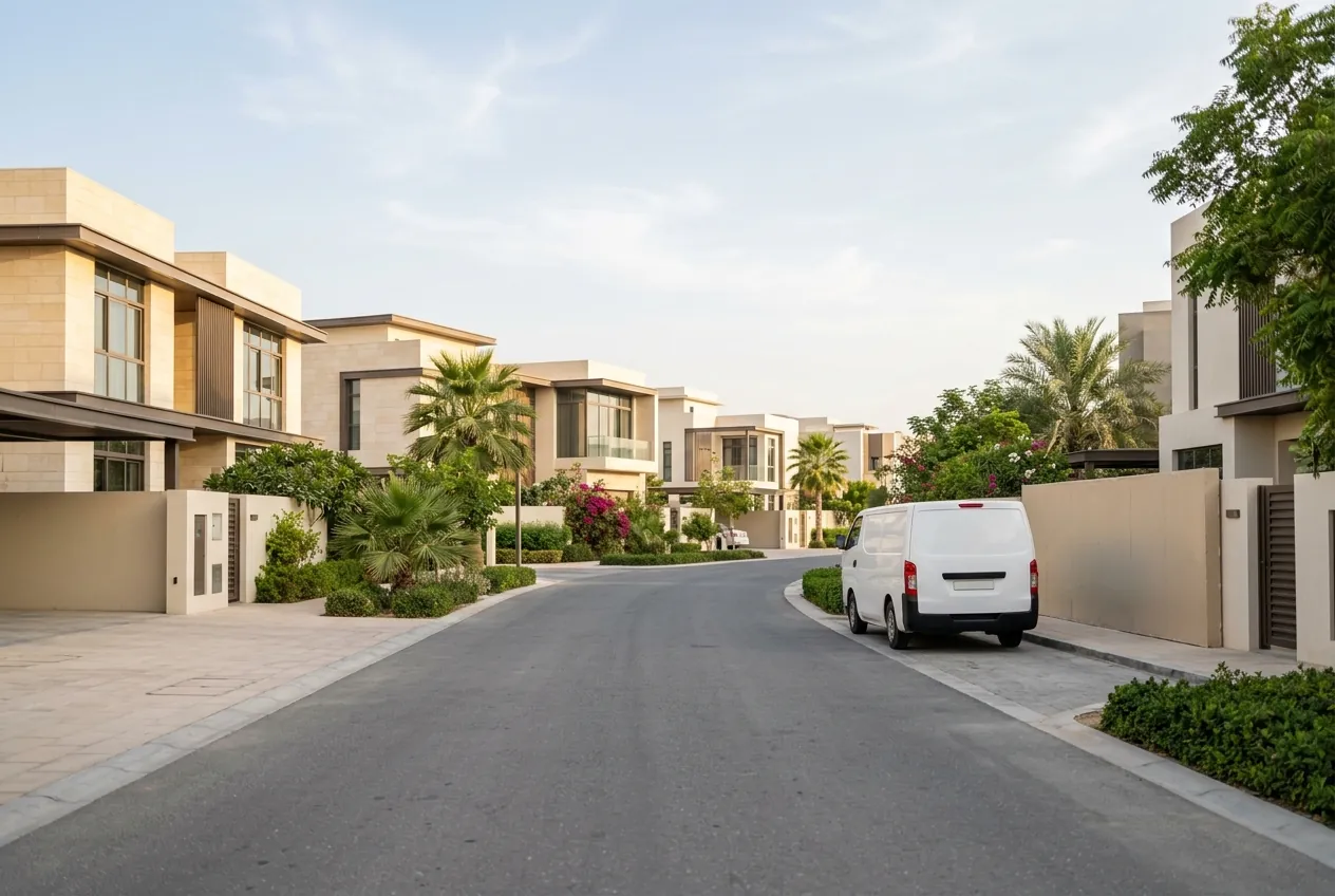 A quiet suburban street lined with modern villas, manicured greenery, and a white van parked along the curb