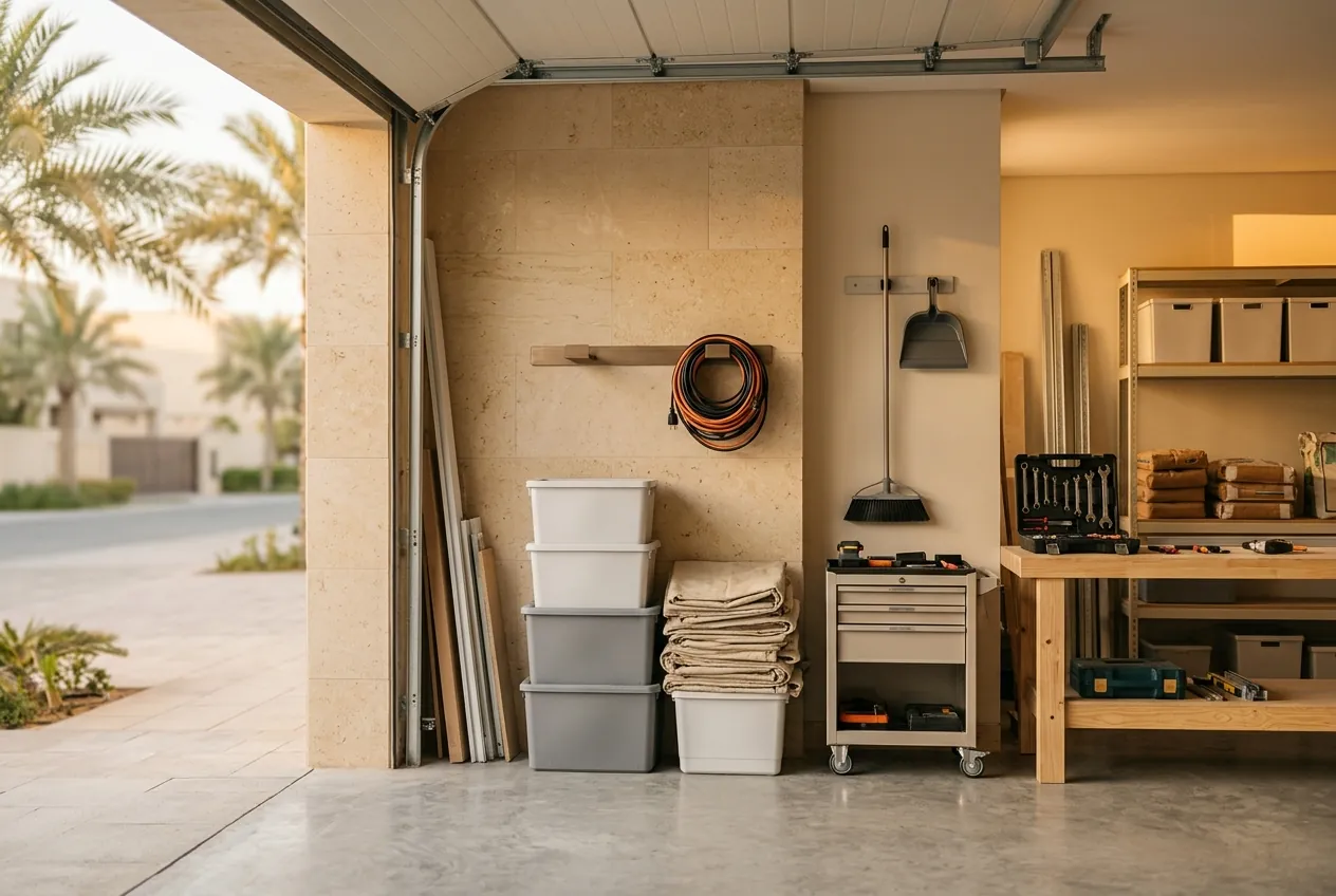 An organized villa garage with stacked storage bins, folded cloths, tools, and an open door facing a sunny street