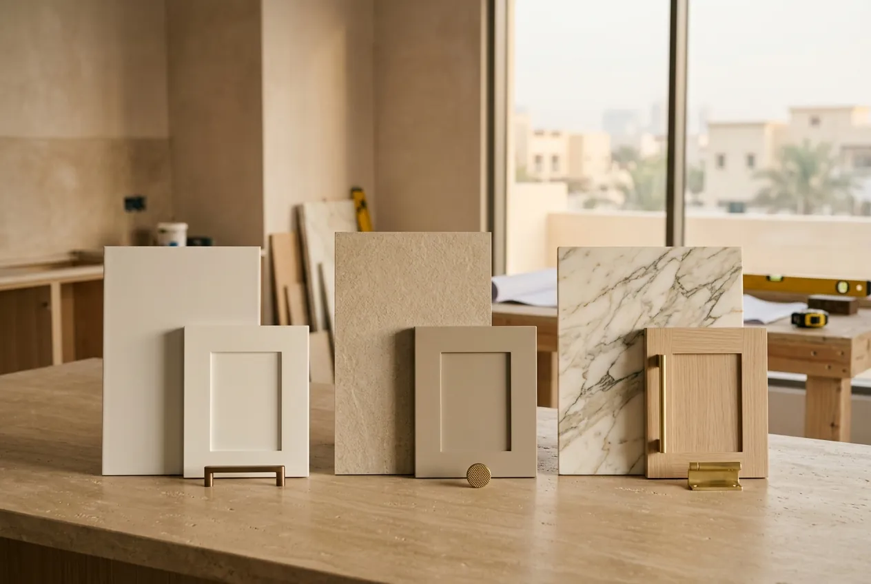 Cabinet door samples and stone slab offcuts displayed side by side on a limestone counter with brass hardware