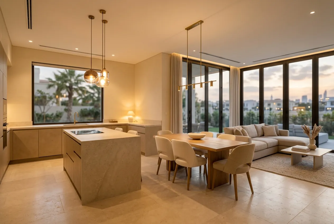 Modern open-plan villa interior featuring a kitchen island, dining table, and sofa area illuminated at dusk