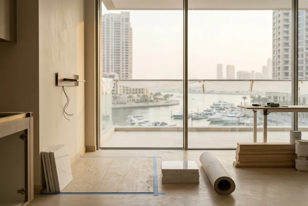 Renovation materials rest on an apartment floor overlooking high-rises and moored boats in a hazy Dubai marina