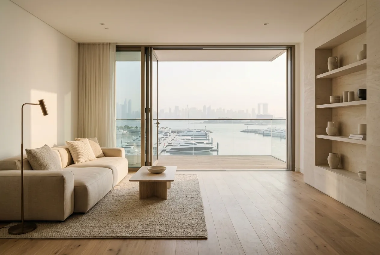 Modern neutral living room with oak flooring and sofa facing a balcony with views of a marina
