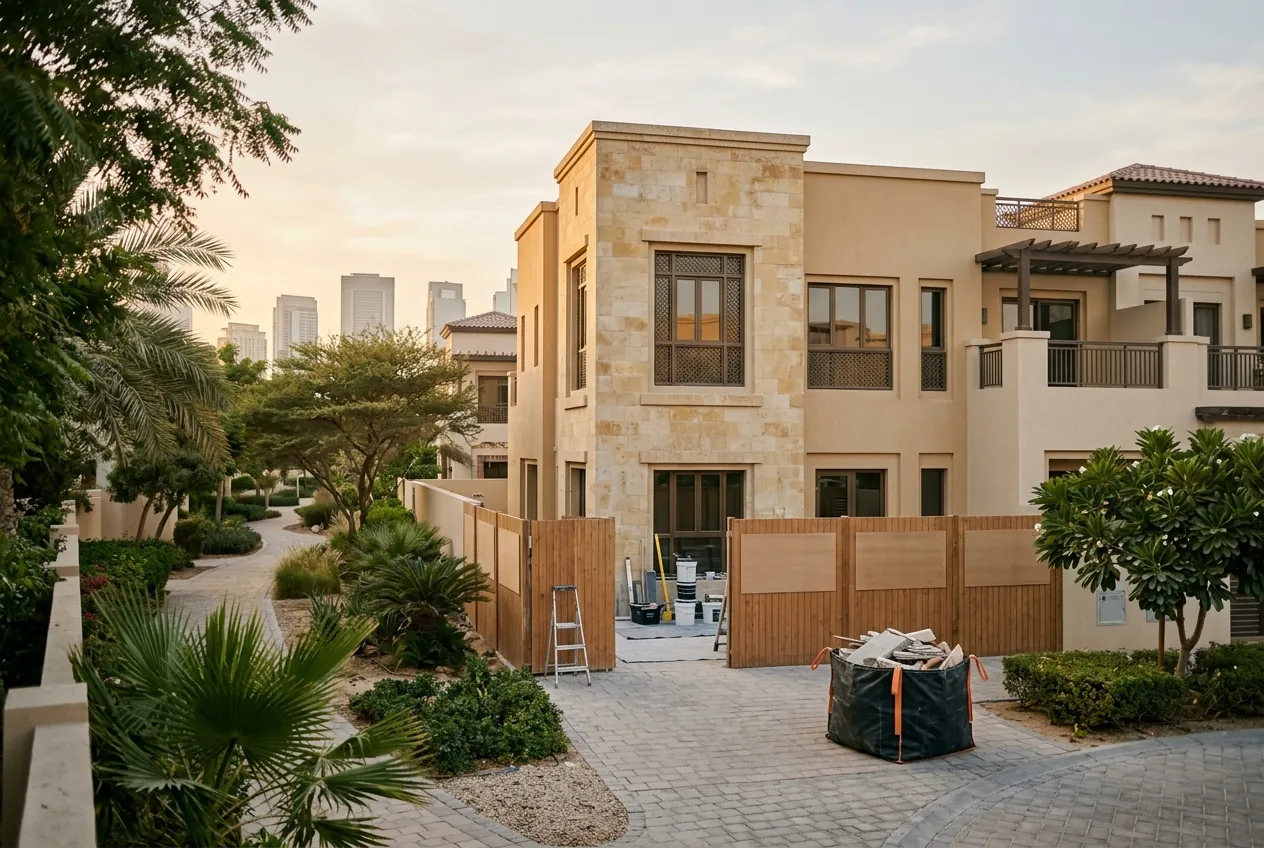 A modern townhouse under renovation with a skip bag and temporary fencing along a paved neighborhood path