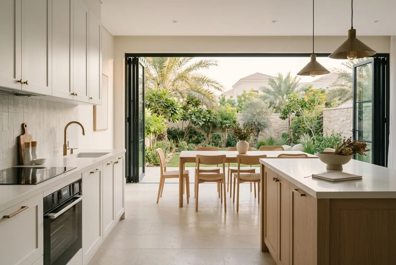 Modern white and wood kitchen-diner with bifold doors open to a lush private garden