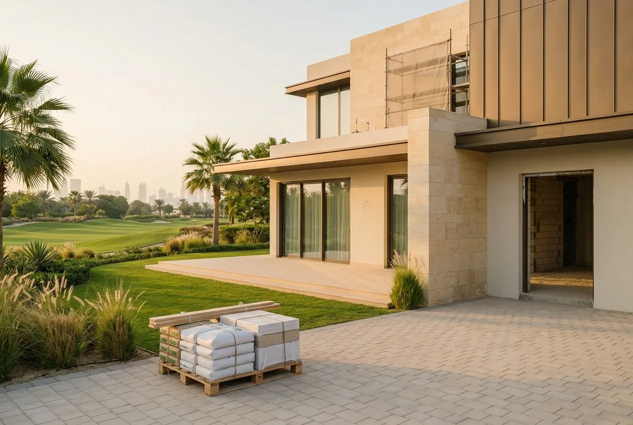 A modern villa beside a golf course at golden hour, featuring construction materials neatly stacked on a driveway pallet