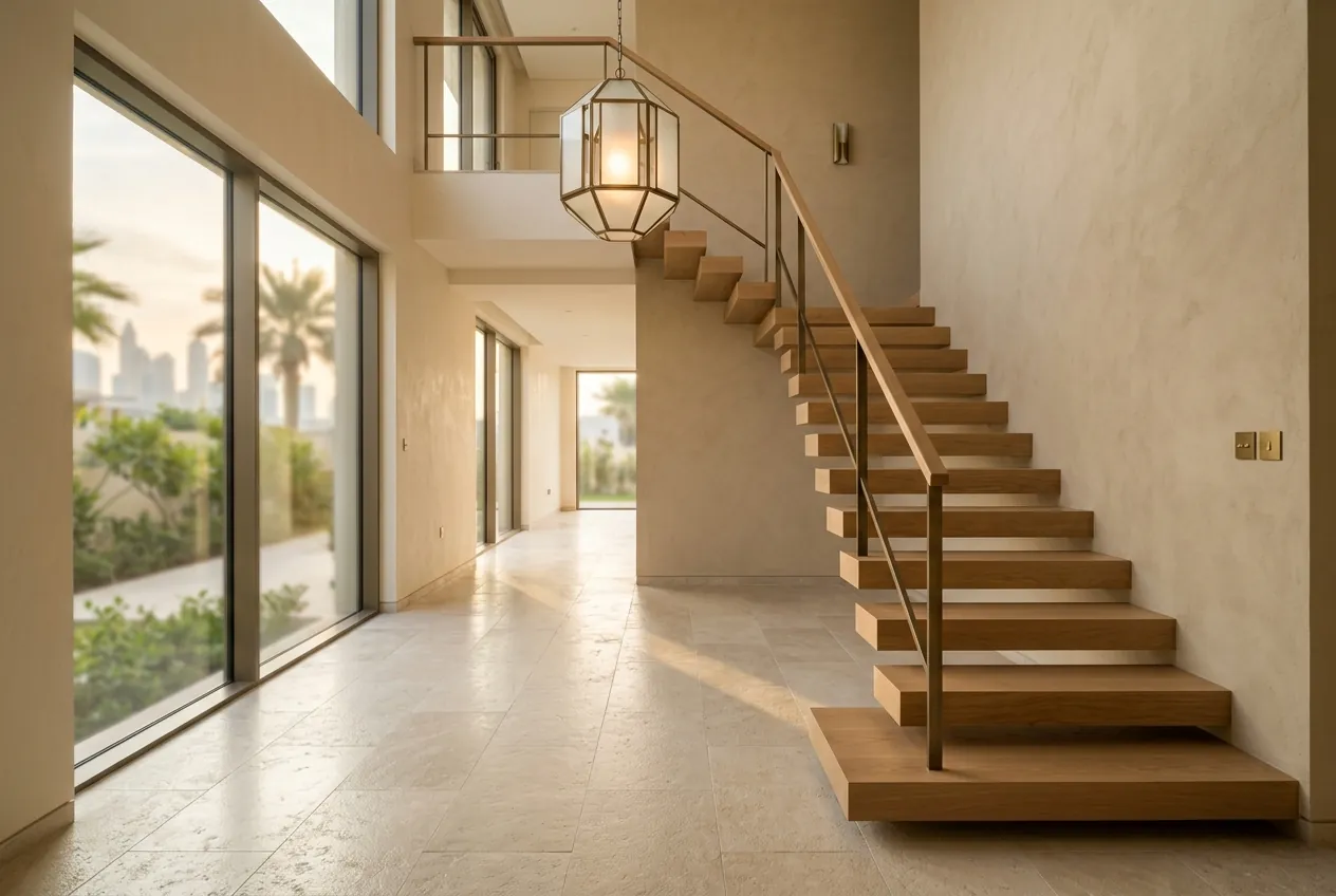 Modern villa entrance hall featuring a floating oak staircase, large stone floor tiles, and warm afternoon light