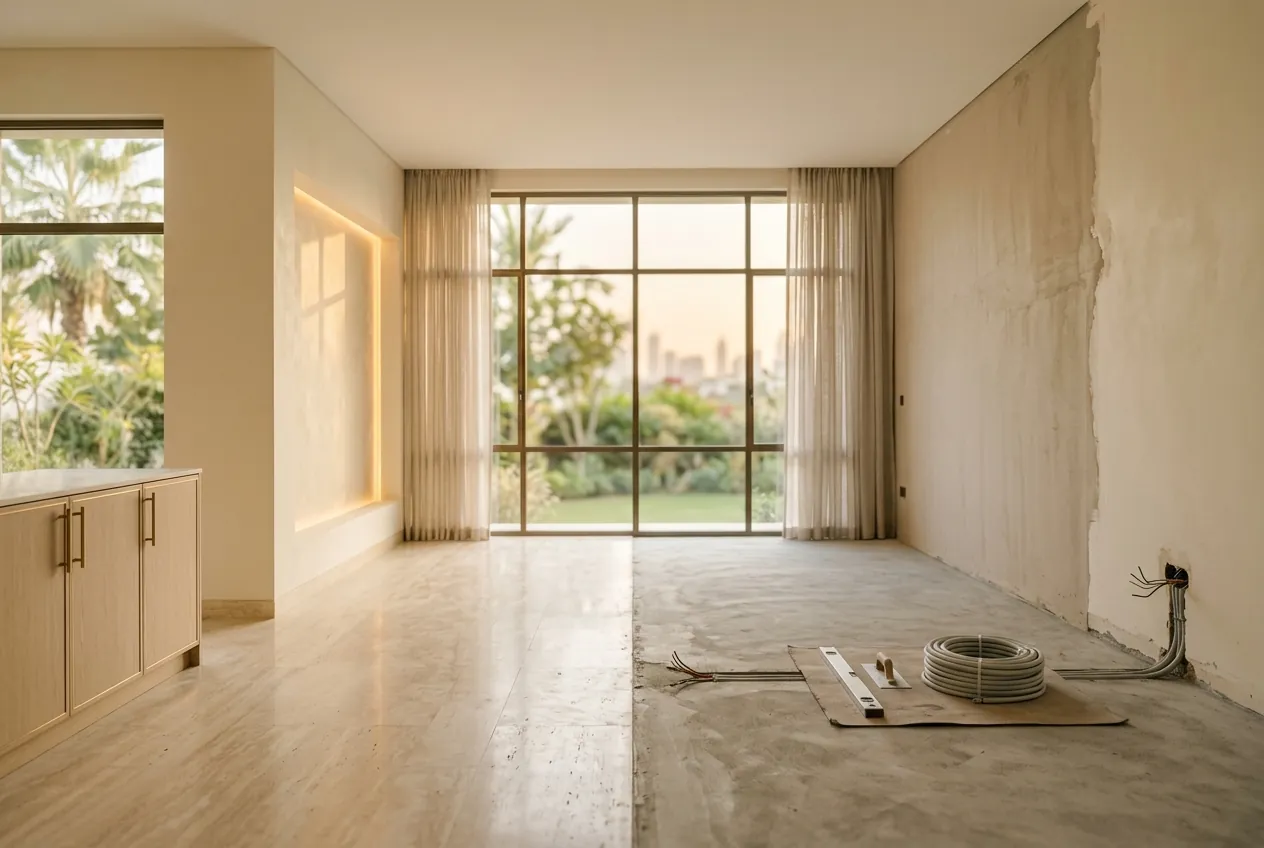 A bright living room split down the middle between polished stone flooring and bare concrete under renovation