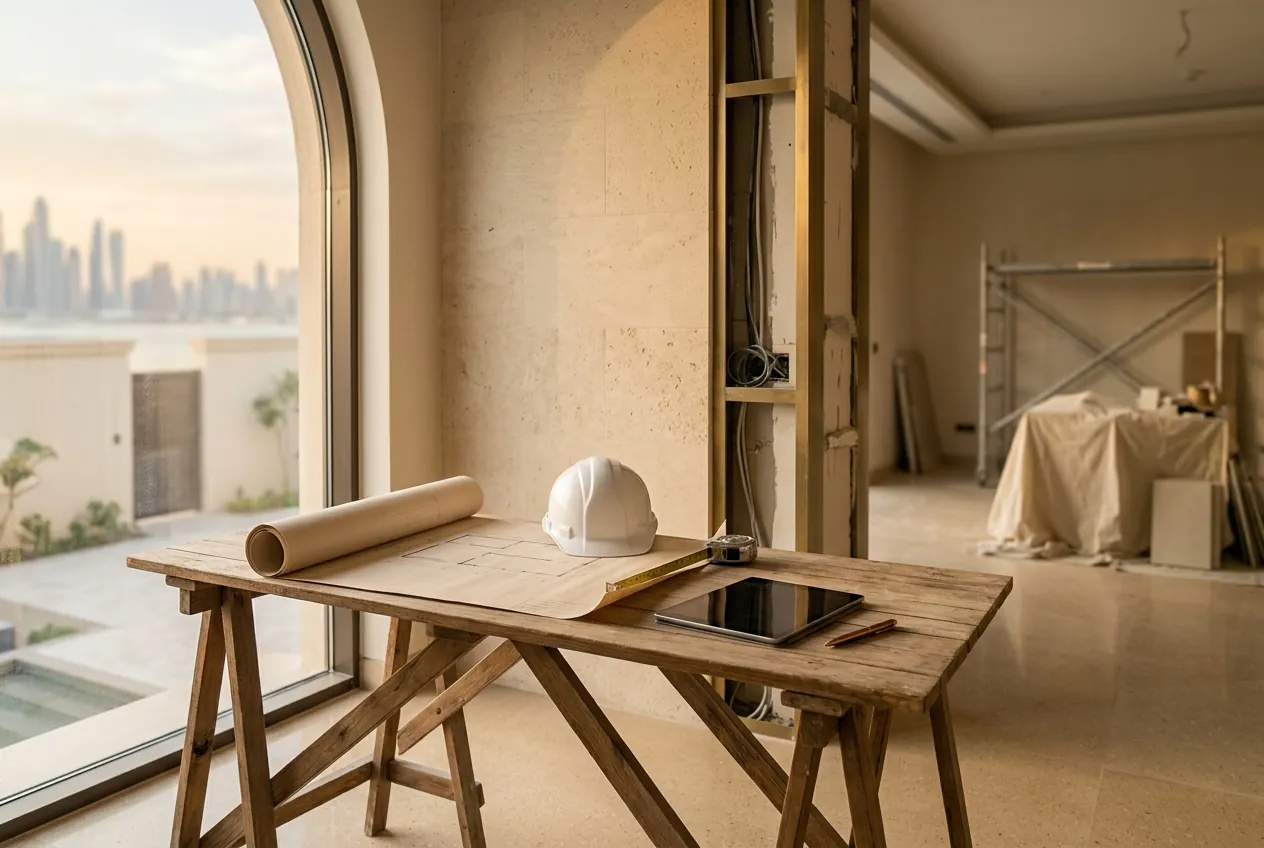 A wooden trestle table holding blueprints, a hard hat, and a tablet inside a villa under renovation