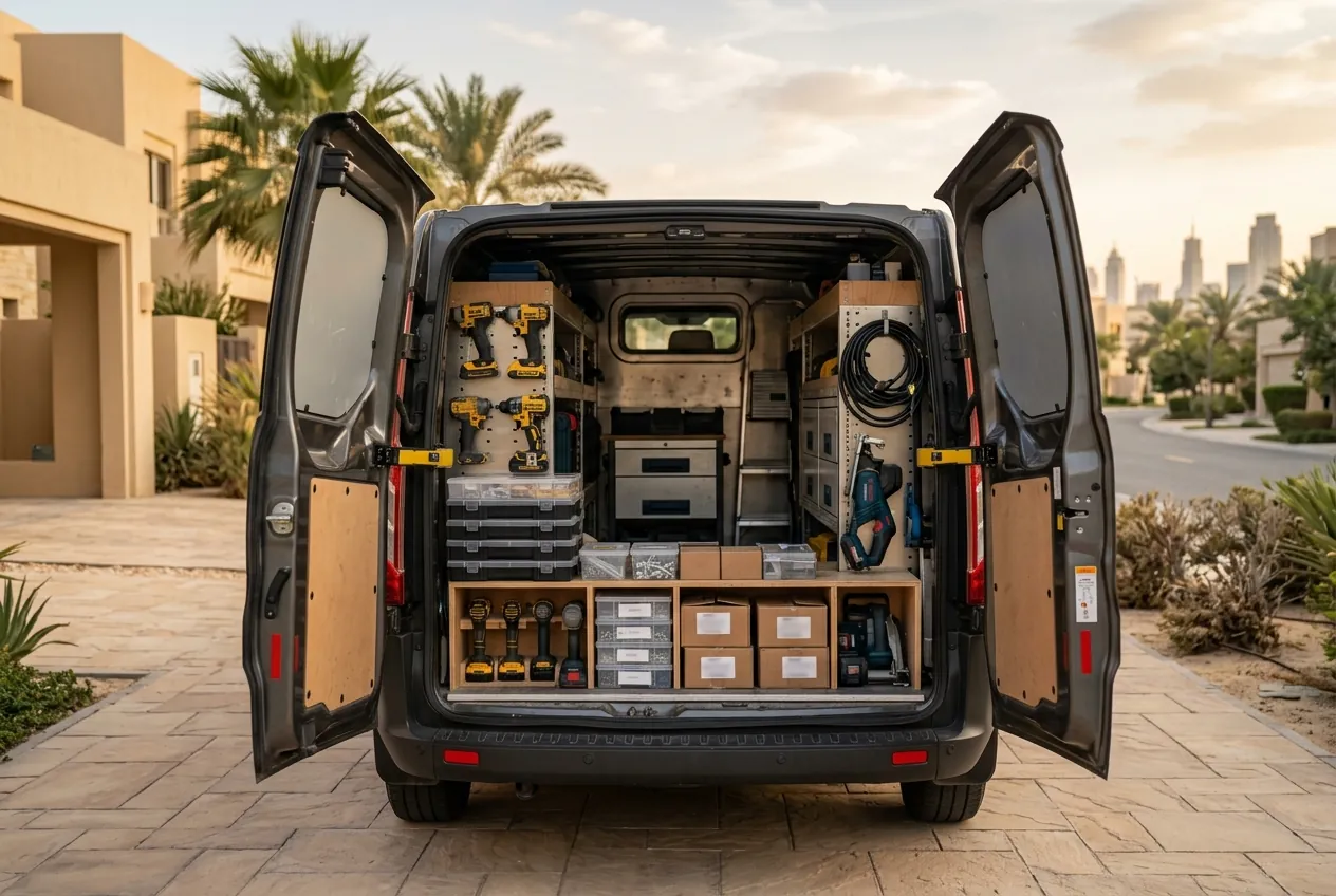 Open rear doors of an organized contractor van packed with tools and supplies on a paved residential driveway
