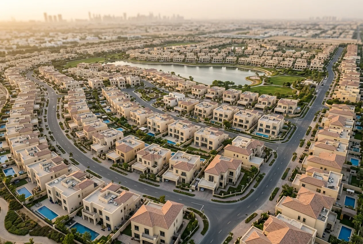 Aerial view of a master-planned villa community featuring houses with pools, curved roads, and a central lake