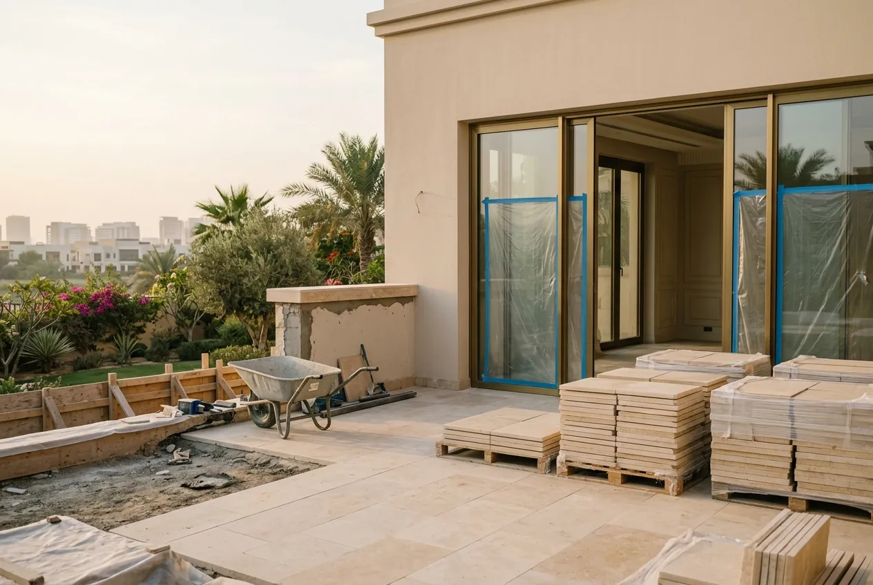 A villa terrace under renovation with half-laid stone tiles, stacks of pavers, a wheelbarrow, and taped glass doors