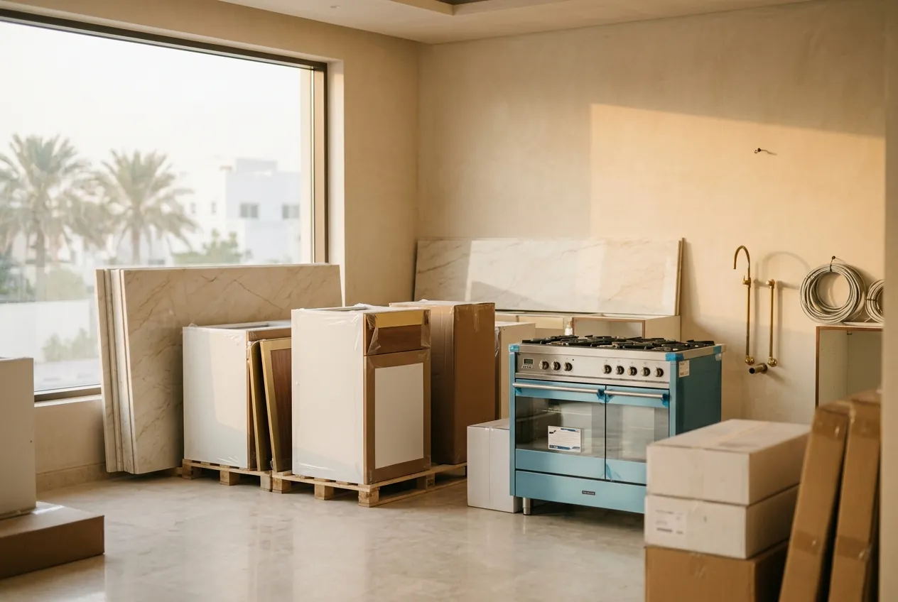 New kitchen cabinets, marble slabs, and a blue range cooker in protective wrapping during a villa renovation
