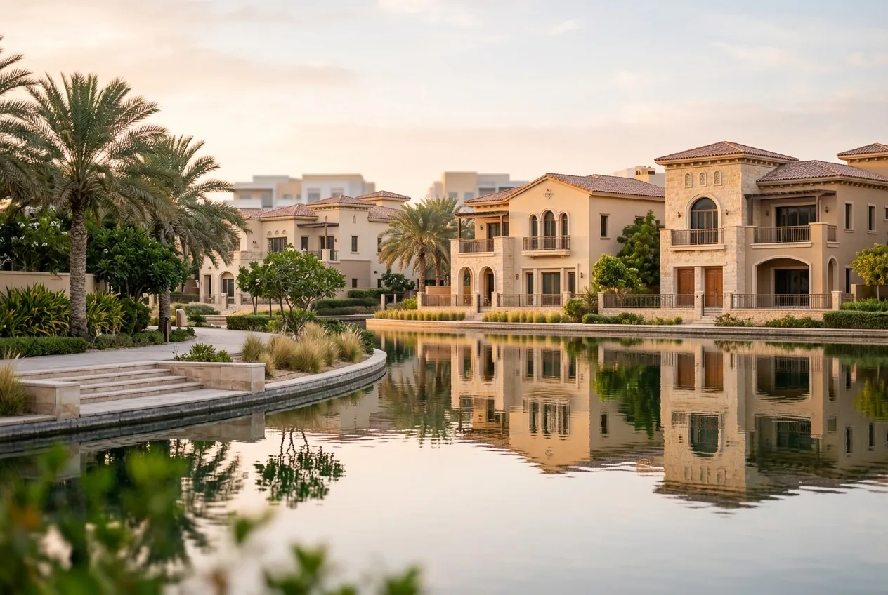 Mediterranean-style villas and palm trees reflect across a calm lake in morning light