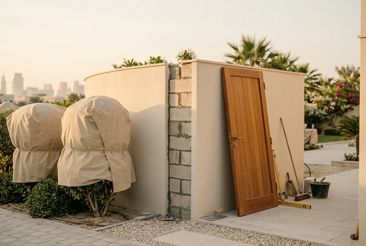 A timber door leans against an unfinished garden wall beside wrapped shrubs and construction tools