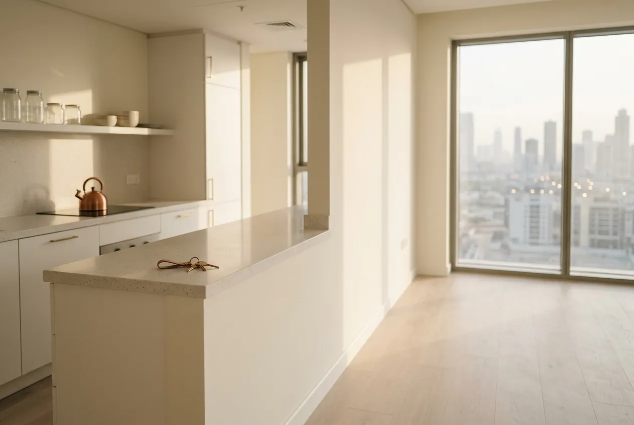 A sunlit empty modern apartment featuring pale wood floors, white kitchen cabinets with keys on the counter, and city views
