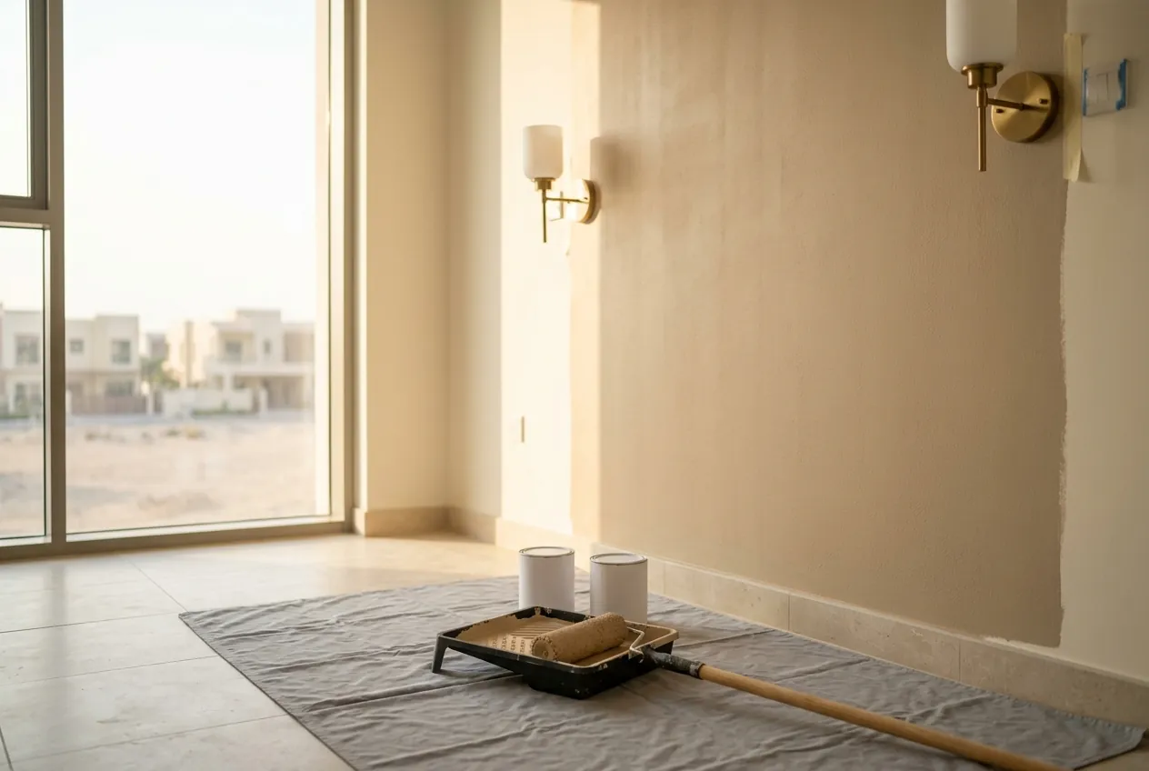 Paint roller and tray on a drop cloth beside a freshly painted beige wall with modern wall sconces