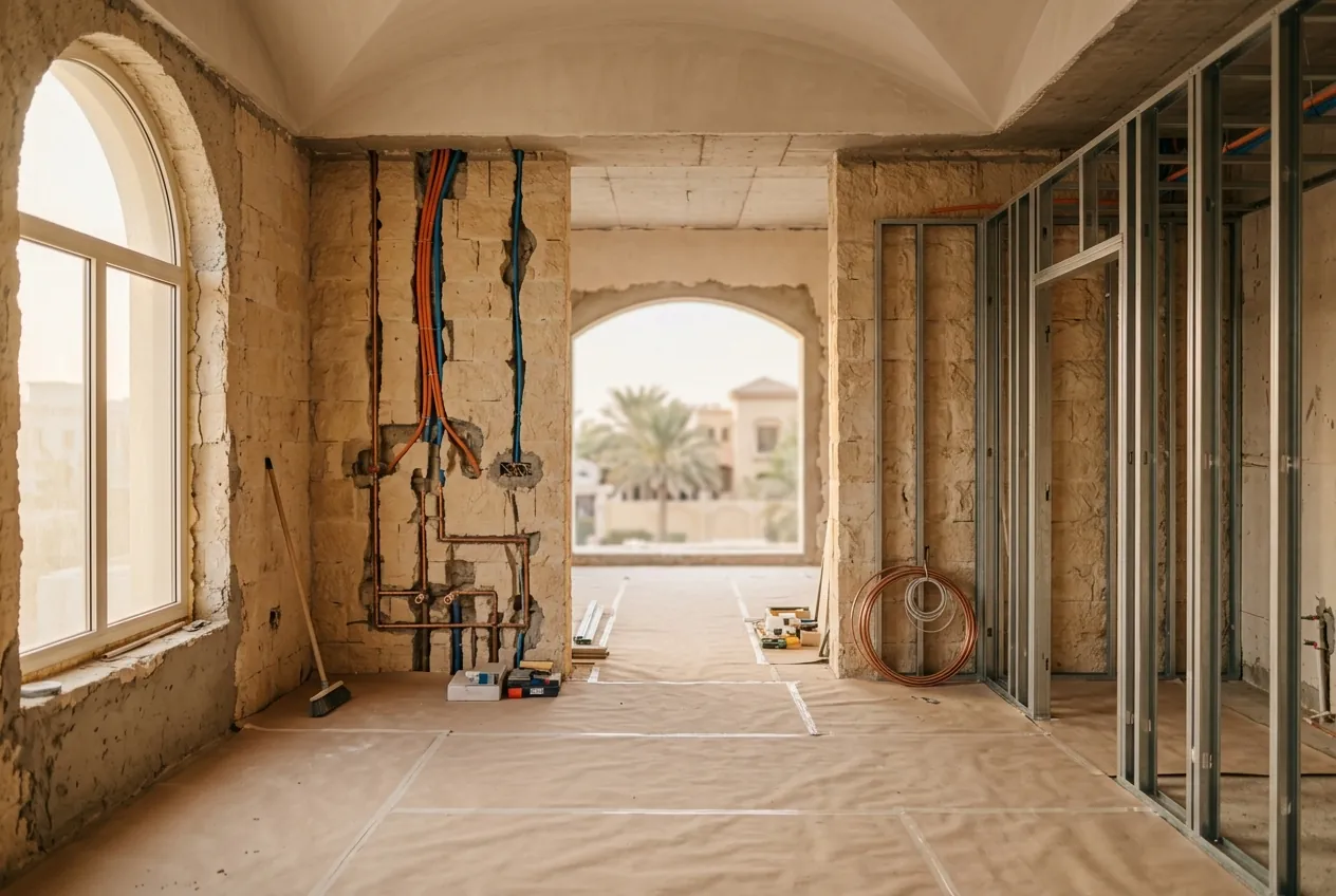 A villa interior under renovation featuring exposed wall plumbing chases, metal stud framing, and covered floors