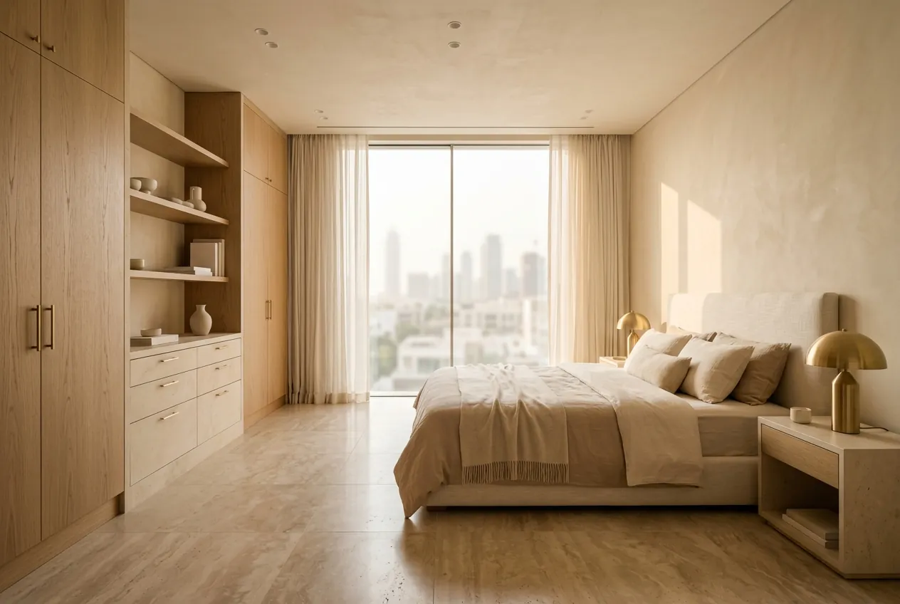A modern minimalist bedroom featuring fitted light wood cabinetry, stone flooring, and a large city-view window