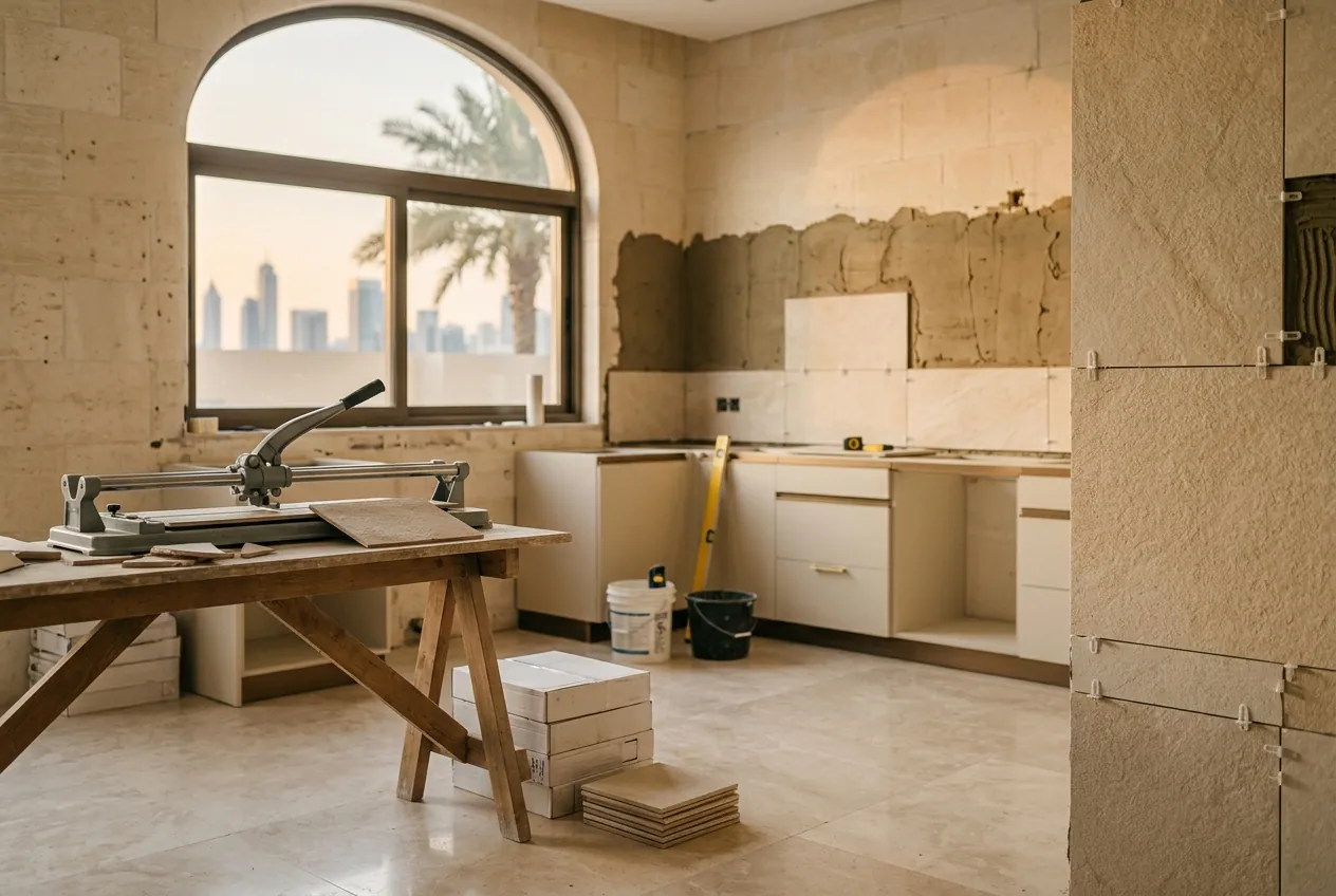 A kitchen renovation in progress with new wall tiling, base cabinets, and a tile cutter resting on a wooden workbench