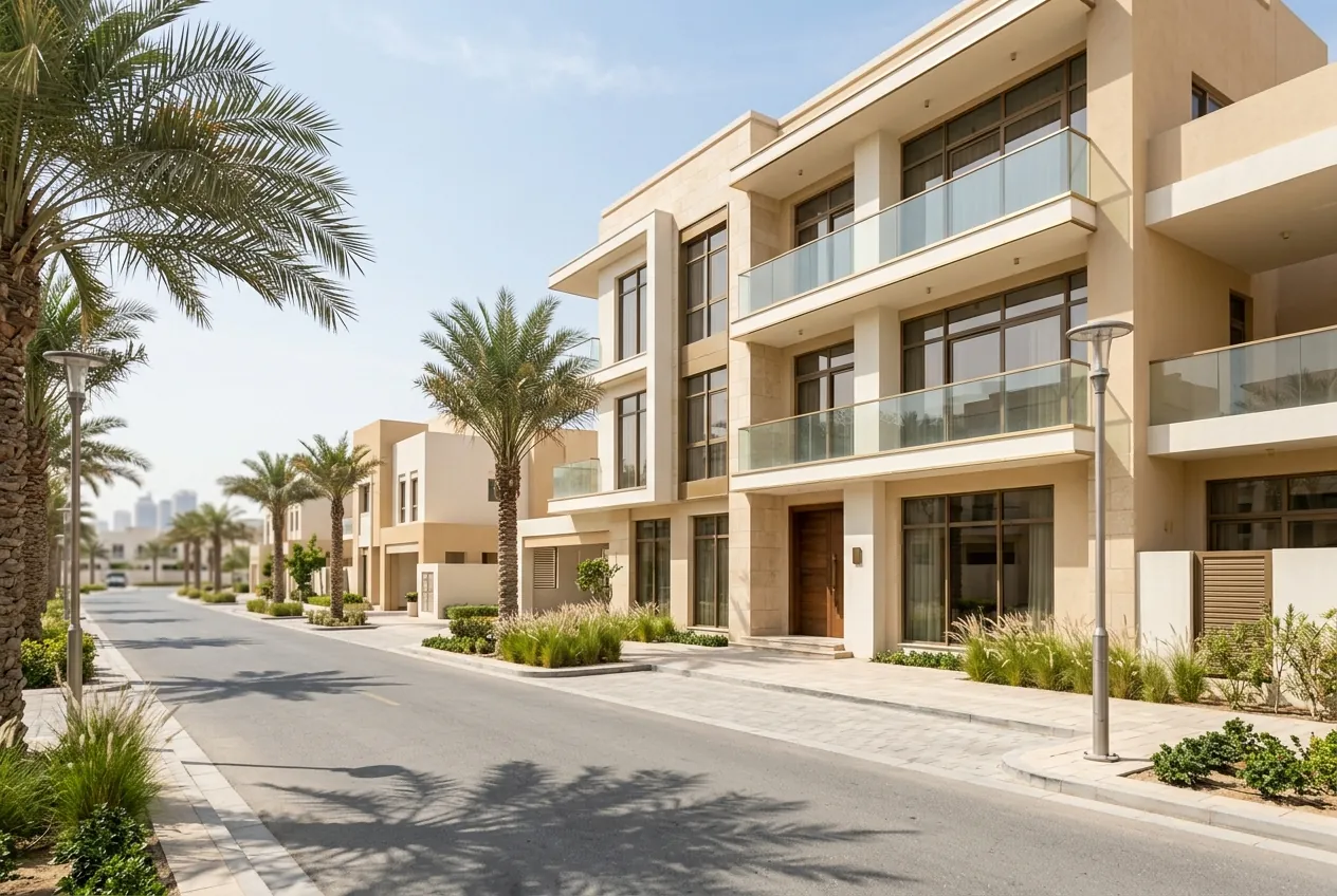 Modern low-rise residential villas lined with palm trees along a quiet street under bright daylight