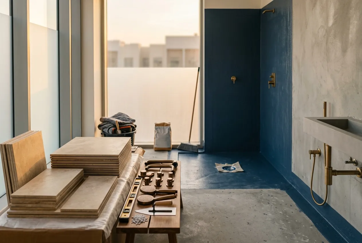 Bathroom under renovation with blue waterproofing membrane on the floor, stacked tiles, tools, and brass fixtures