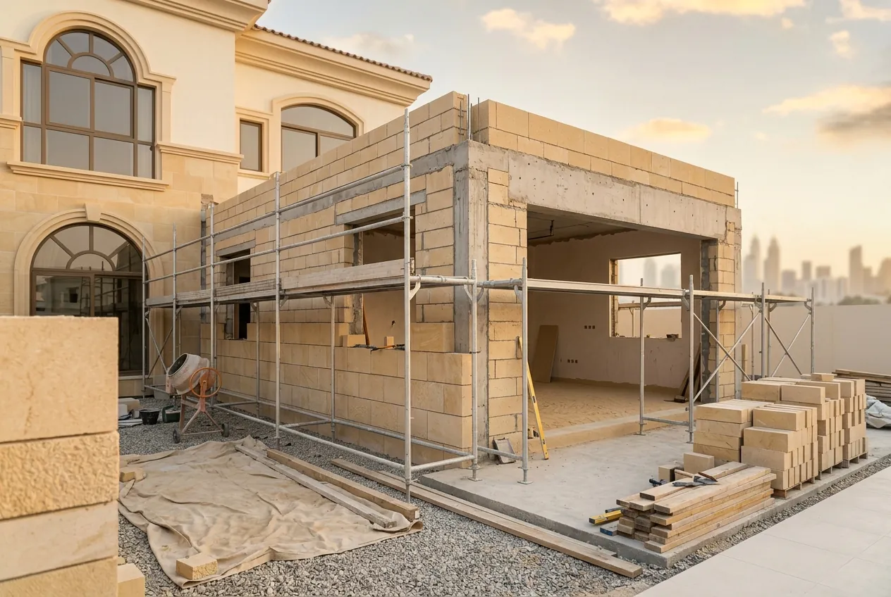 A villa extension with stone blockwork and metal scaffolding under construction in a residential yard