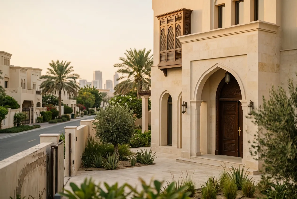 Traditional villa featuring an ornate wooden door, arched entryway, and mashrabiya along a quiet residential street