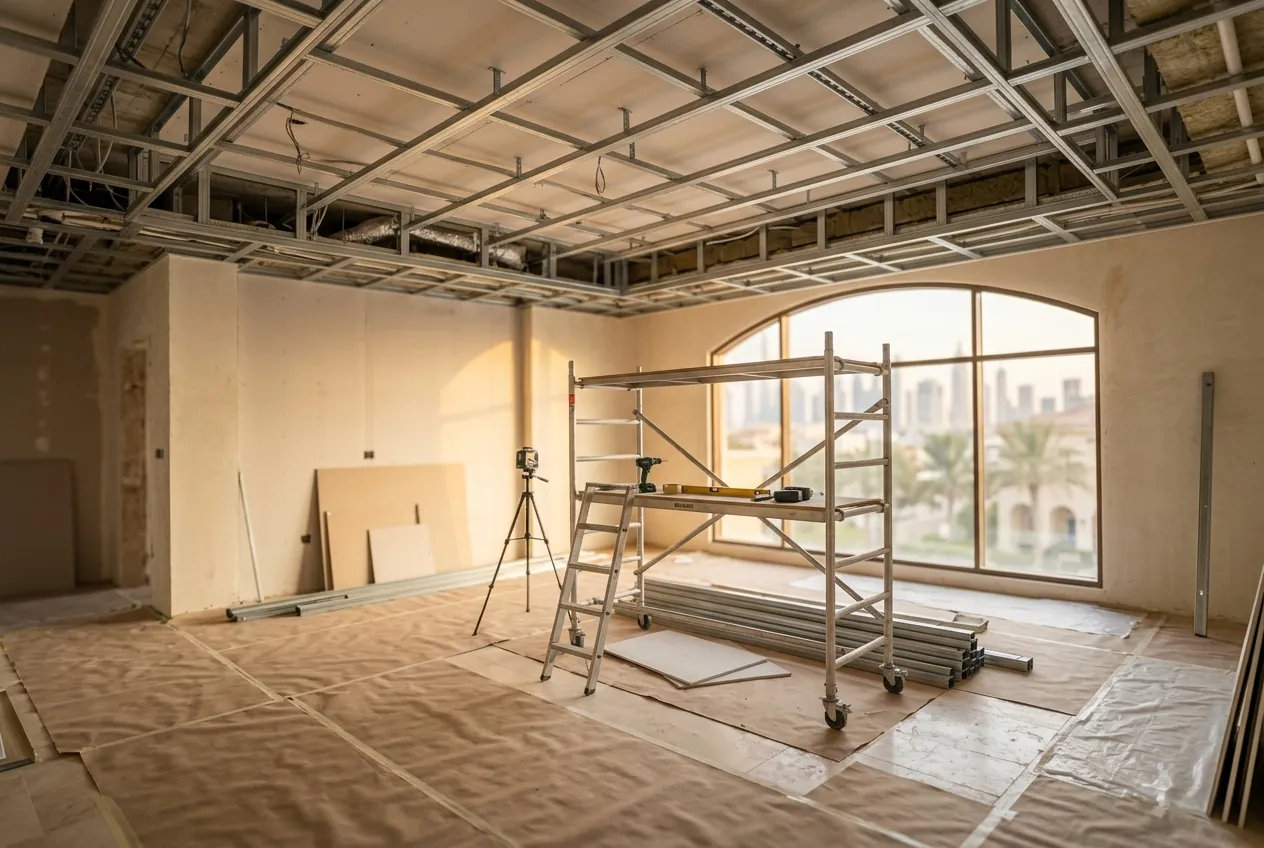 Villa living room under renovation with exposed ceiling framing, scaffolding, and covered flooring