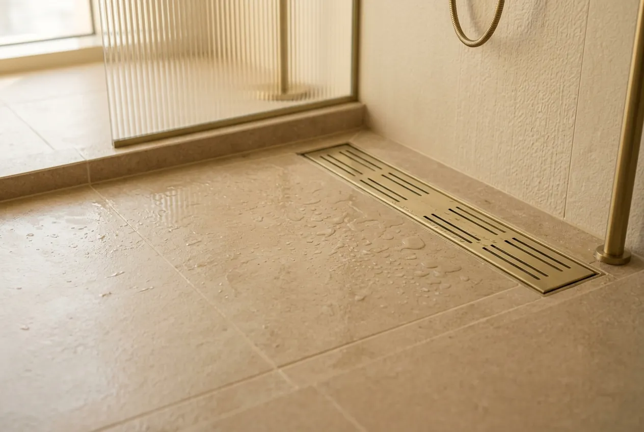 Beige tiled shower floor with water droplets, even grout lines, and a brass linear drain next to a glass screen