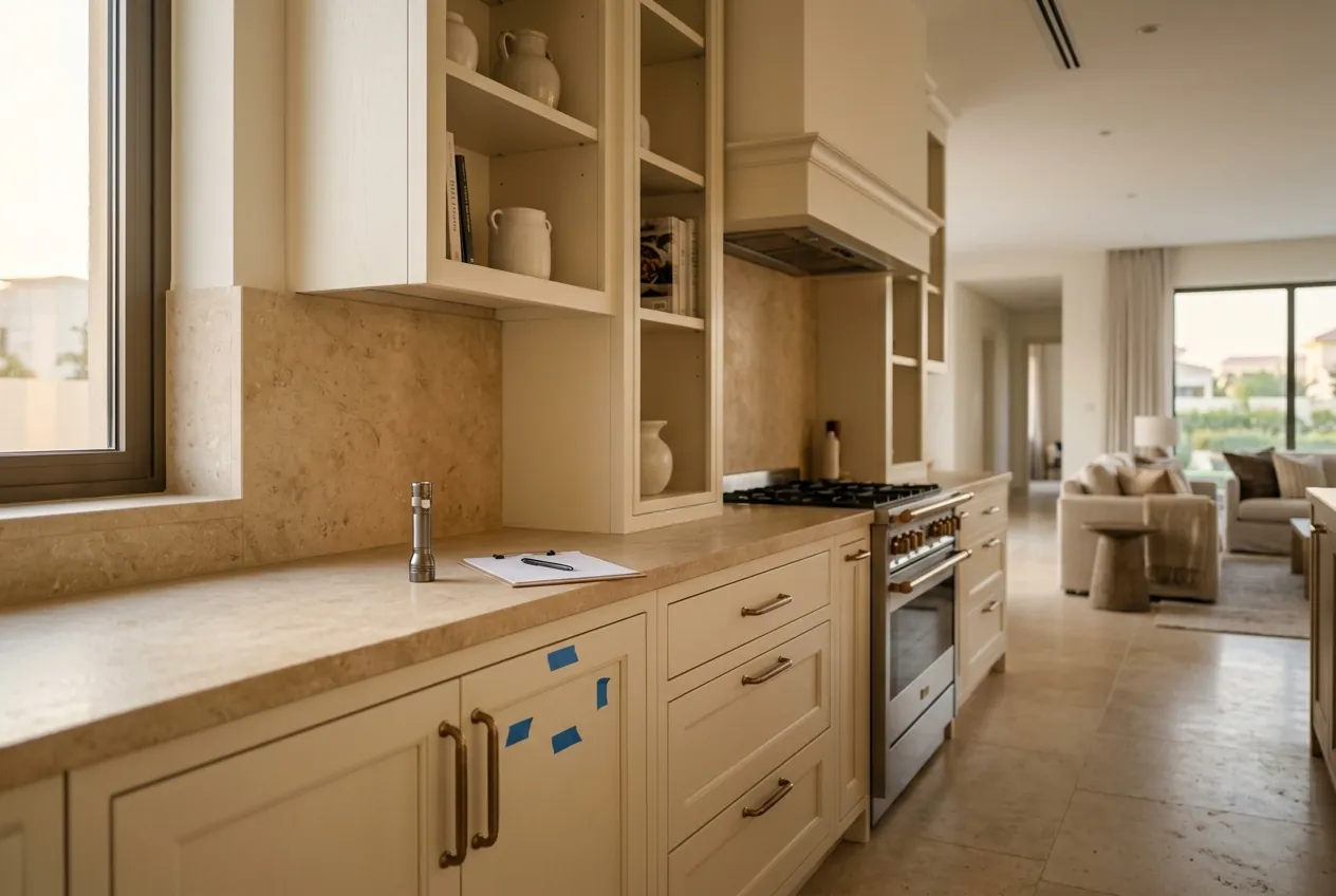 A modern villa kitchen with blue tape marking cabinet defects alongside a small flashlight and clipboard