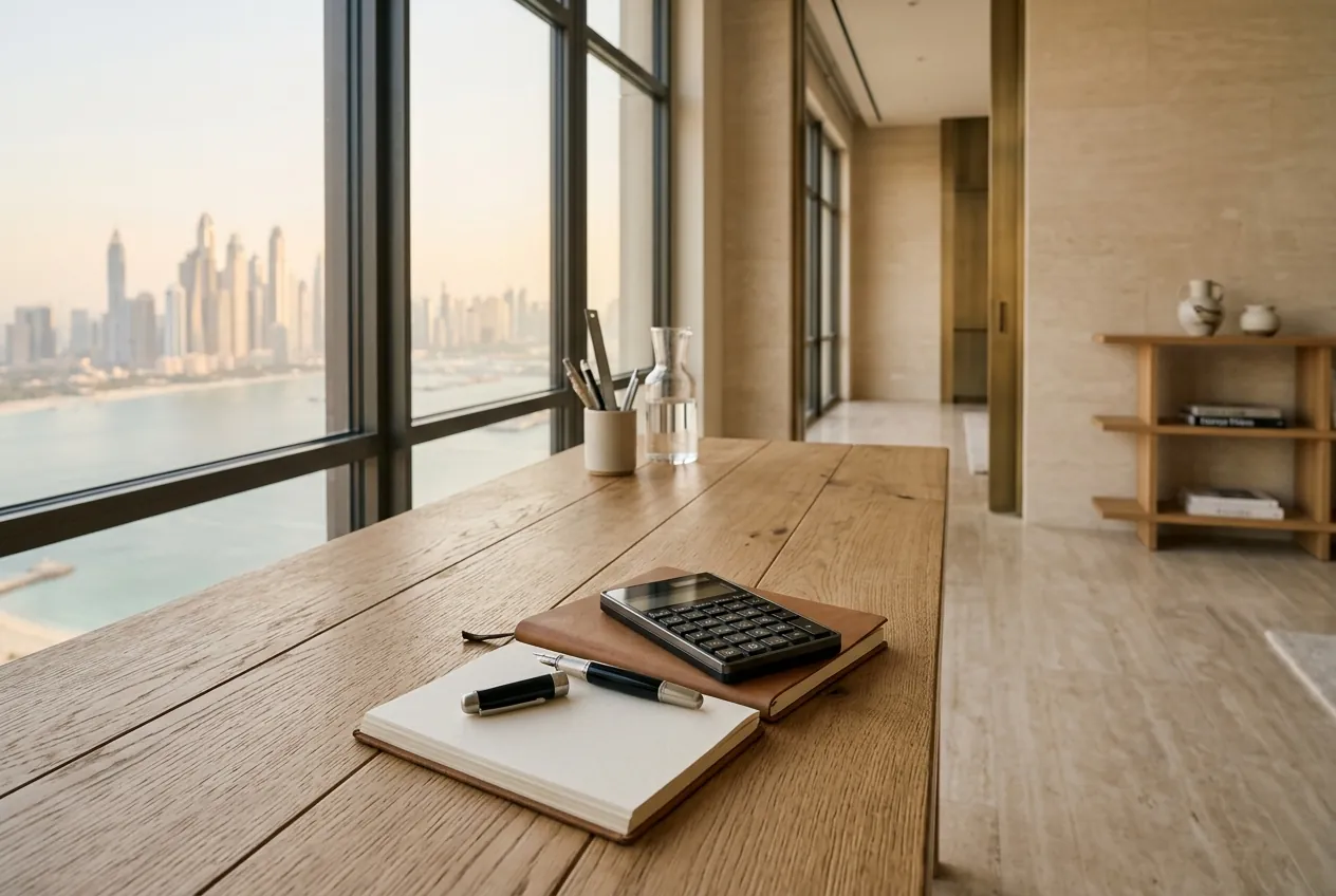 A calculator, fountain pen, and open notebook rest on an oak desk overlooking a coastal skyline through large windows