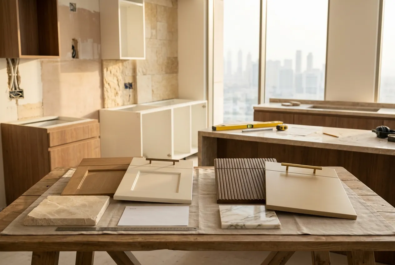 Cabinet door and stone countertop samples laid out on a wooden table inside an unfinished kitchen with city views