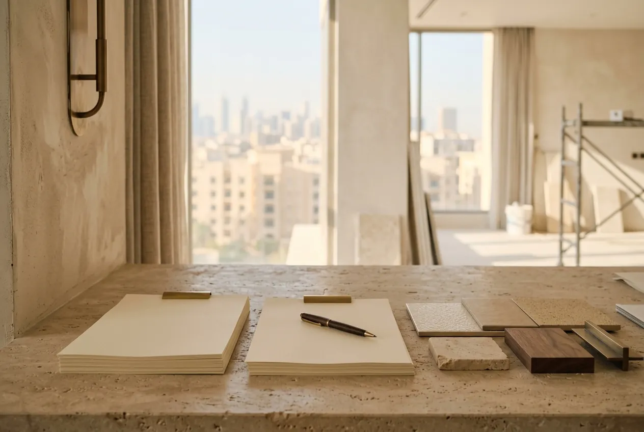 Blank paper stacks, a pen, and material samples rest on a stone counter overlooking a city skyline