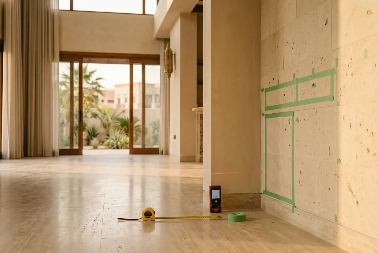Measuring tools and green painter's tape layout on a stone wall inside a spacious, sunlit villa