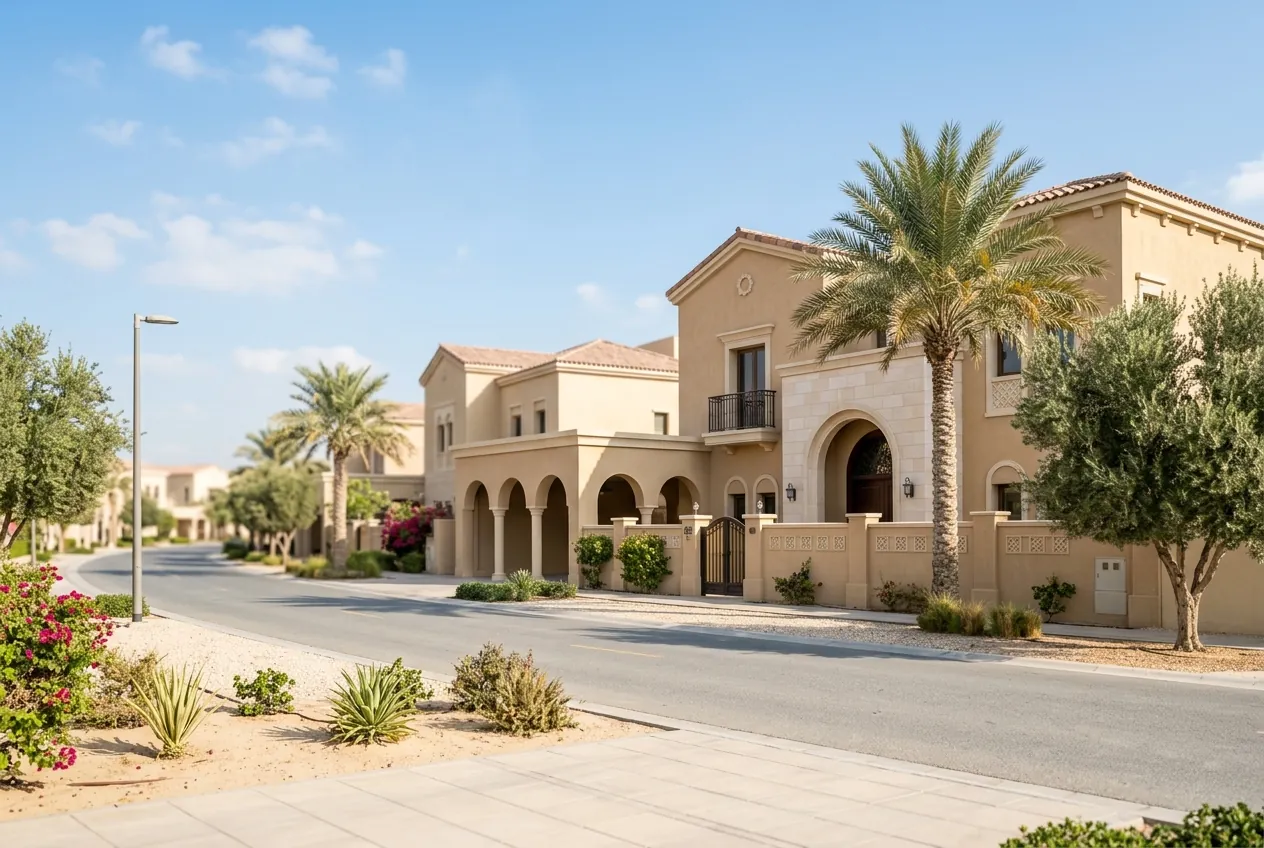 Sand-coloured suburban villas with arched entrances and date palms line a paved street under a bright blue sky