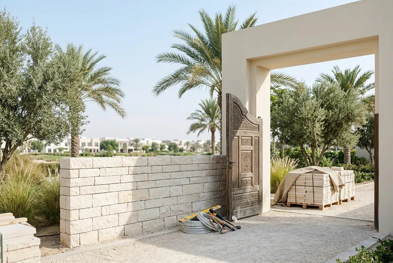 A stone garden wall and carved wooden gate under construction with tools and building materials on site
