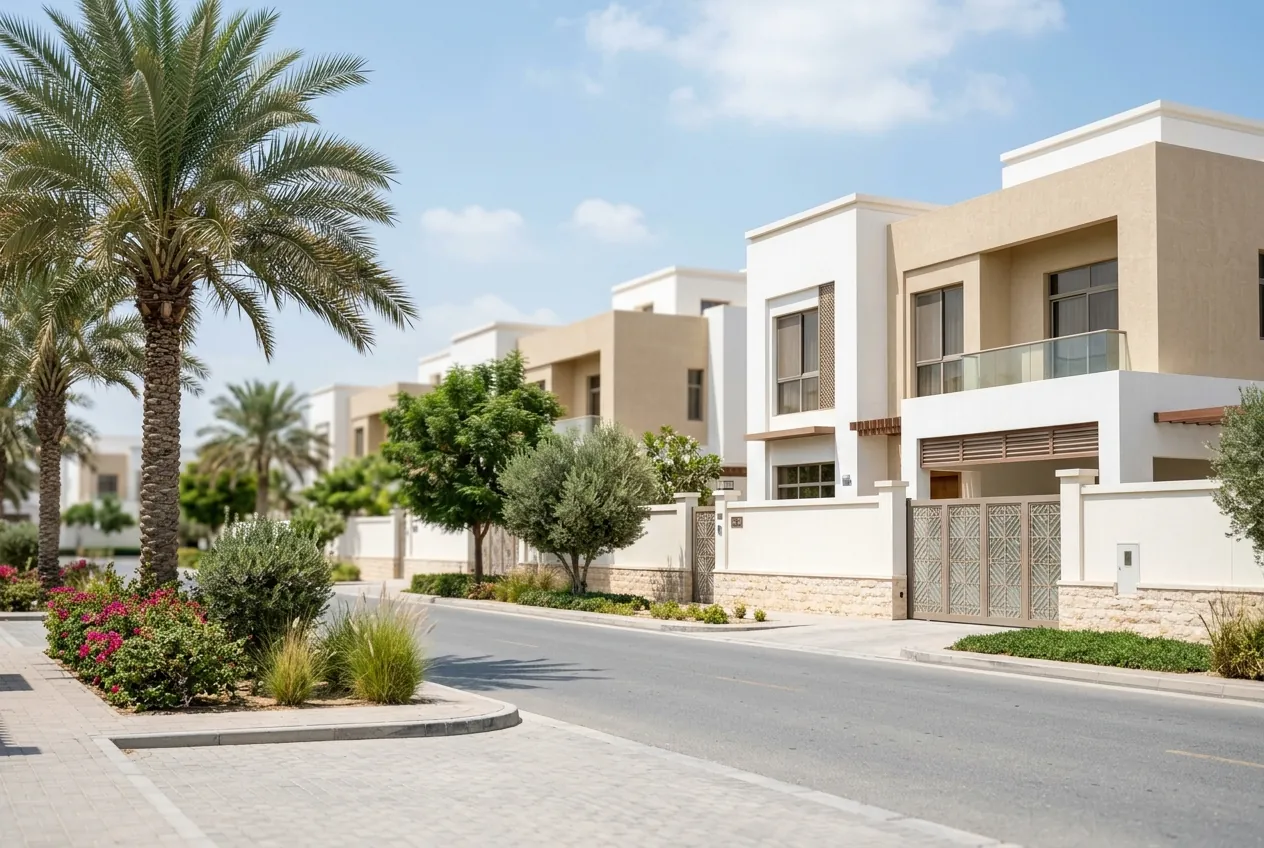 Modern two-storey villas along a paved residential street lined with palm trees and desert landscaping