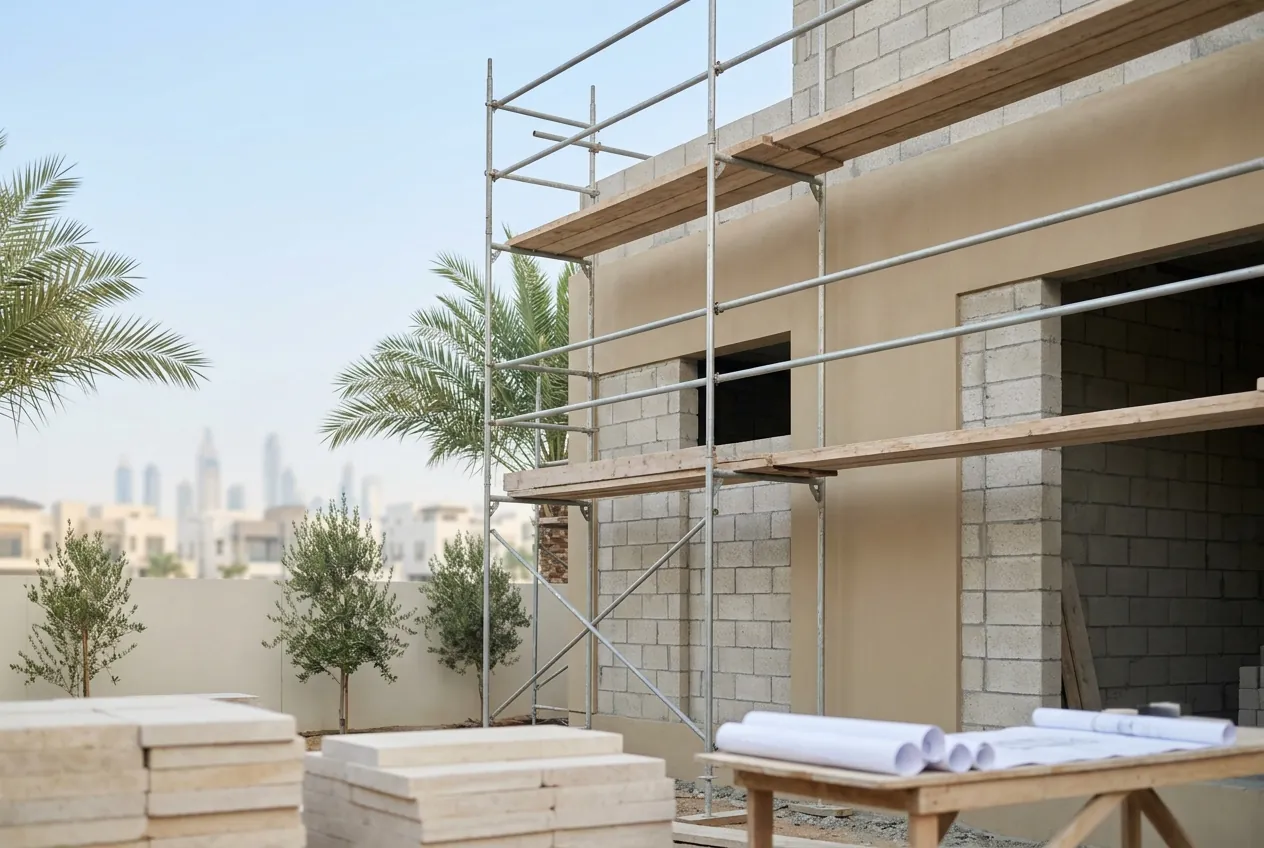 A villa extension under construction with blockwork, scaffolding, building materials, and architectural blueprints