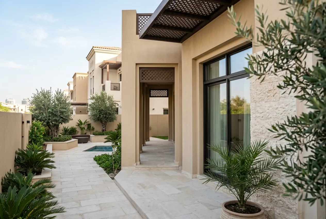 Contemporary beige townhouse exterior with a stone walkway, small pool, and landscaped courtyard garden