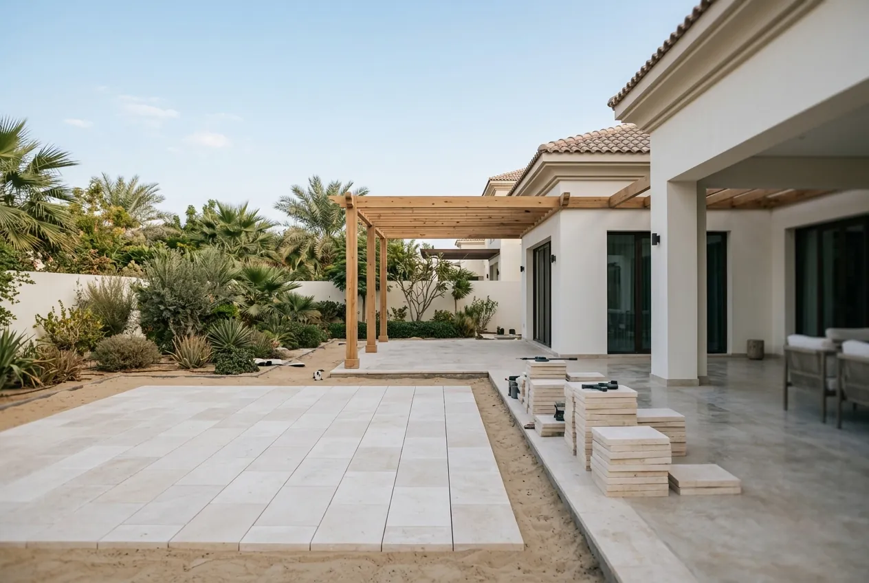 A villa patio extension with newly laid stone pavers, stacked tiles, and a timber pergola frame in a garden
