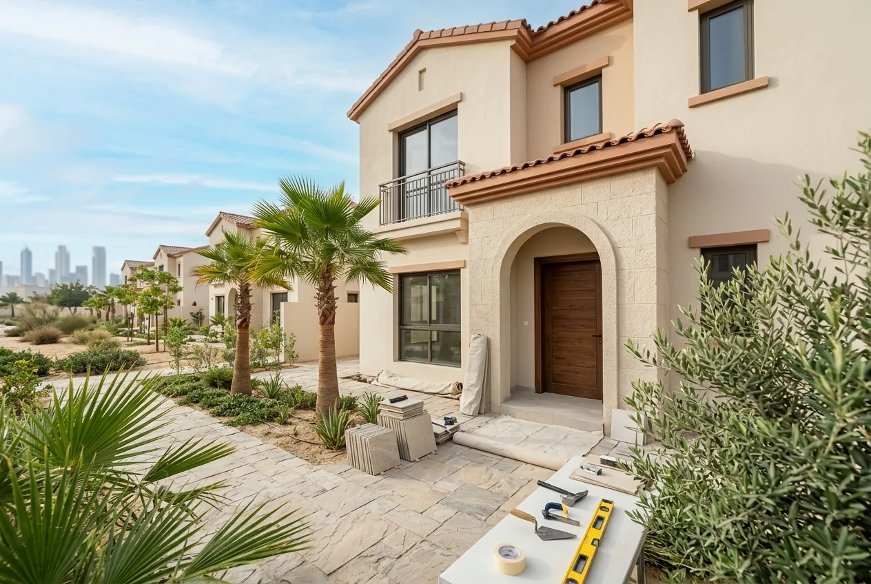 Two-storey townhouse undergoing outdoor renovation with paving tiles, tools on a table, and palm trees