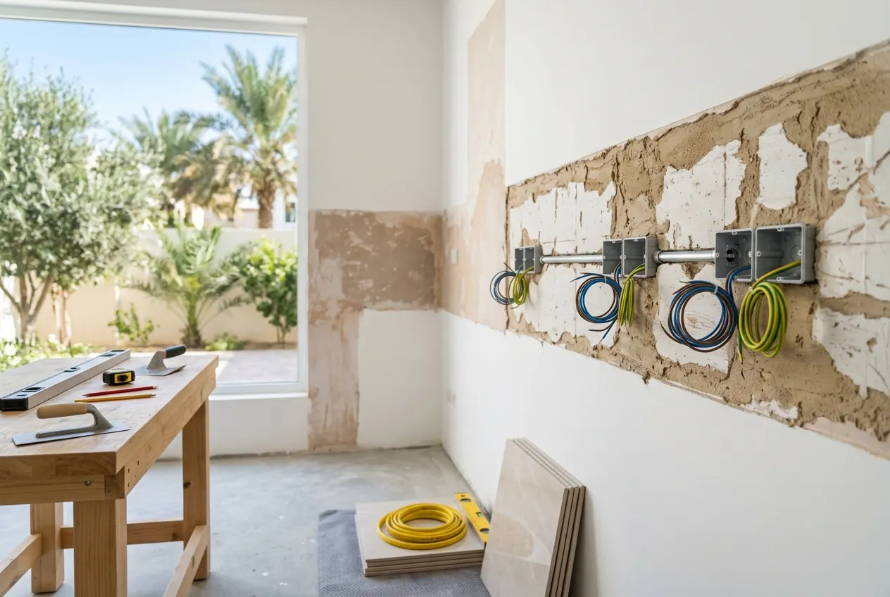 A room undergoing renovation with stripped walls, electrical back boxes, wiring, and tools on a workbench
