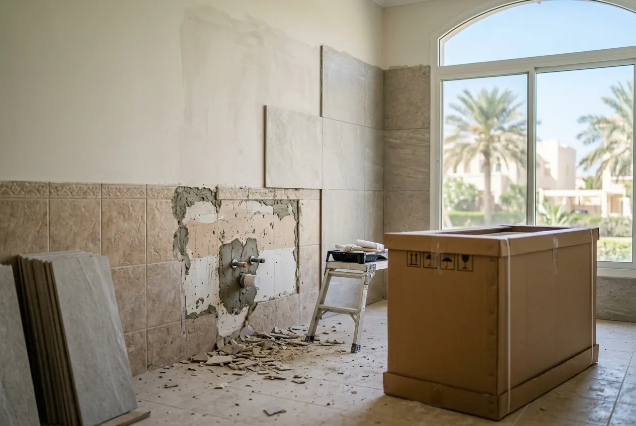 A bathroom undergoing renovation with partially removed wall tiles, stacked new tiles, and a packaged vanity unit