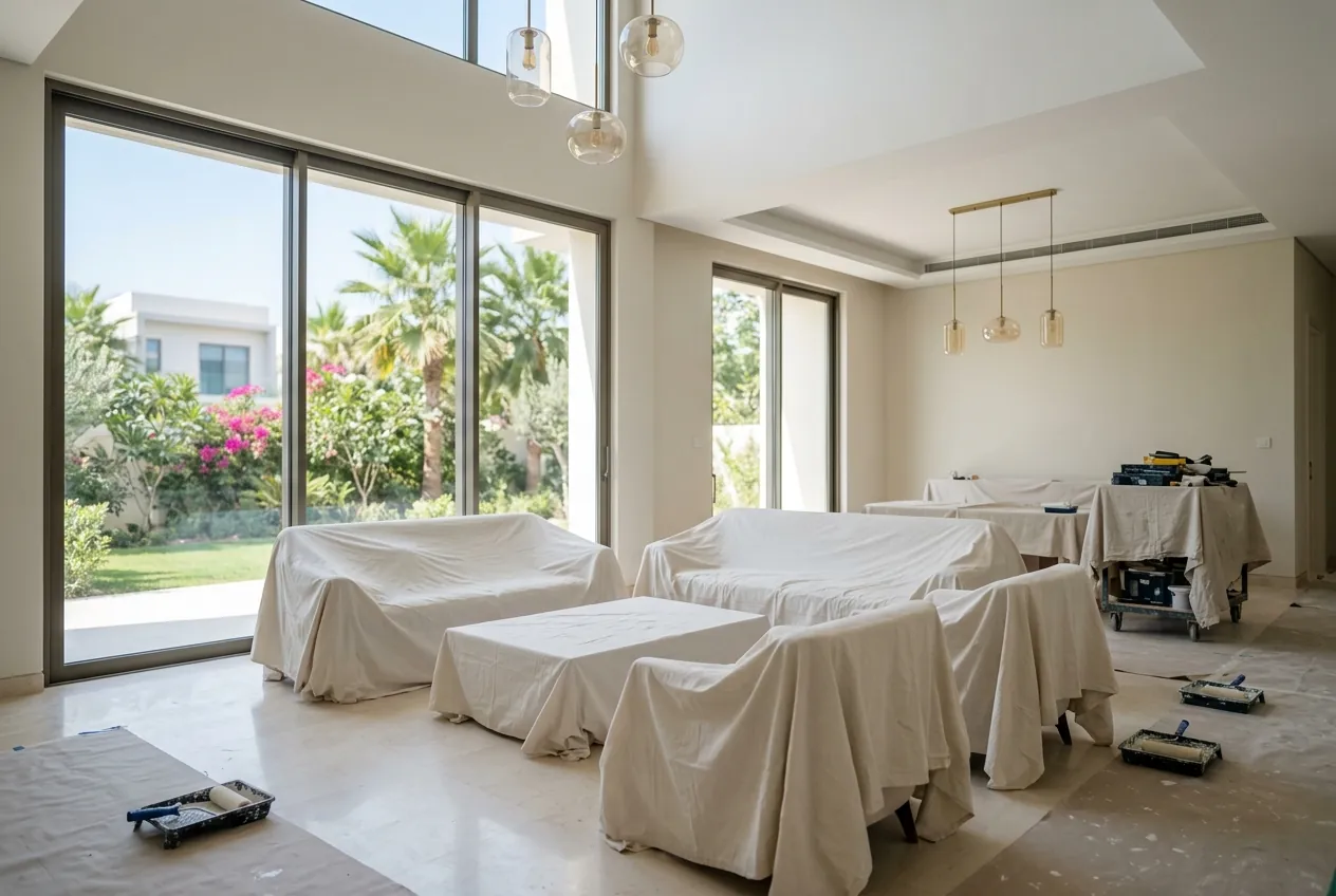 Furniture covered in canvas dust sheets inside a bright villa living room undergoing painting and renovation