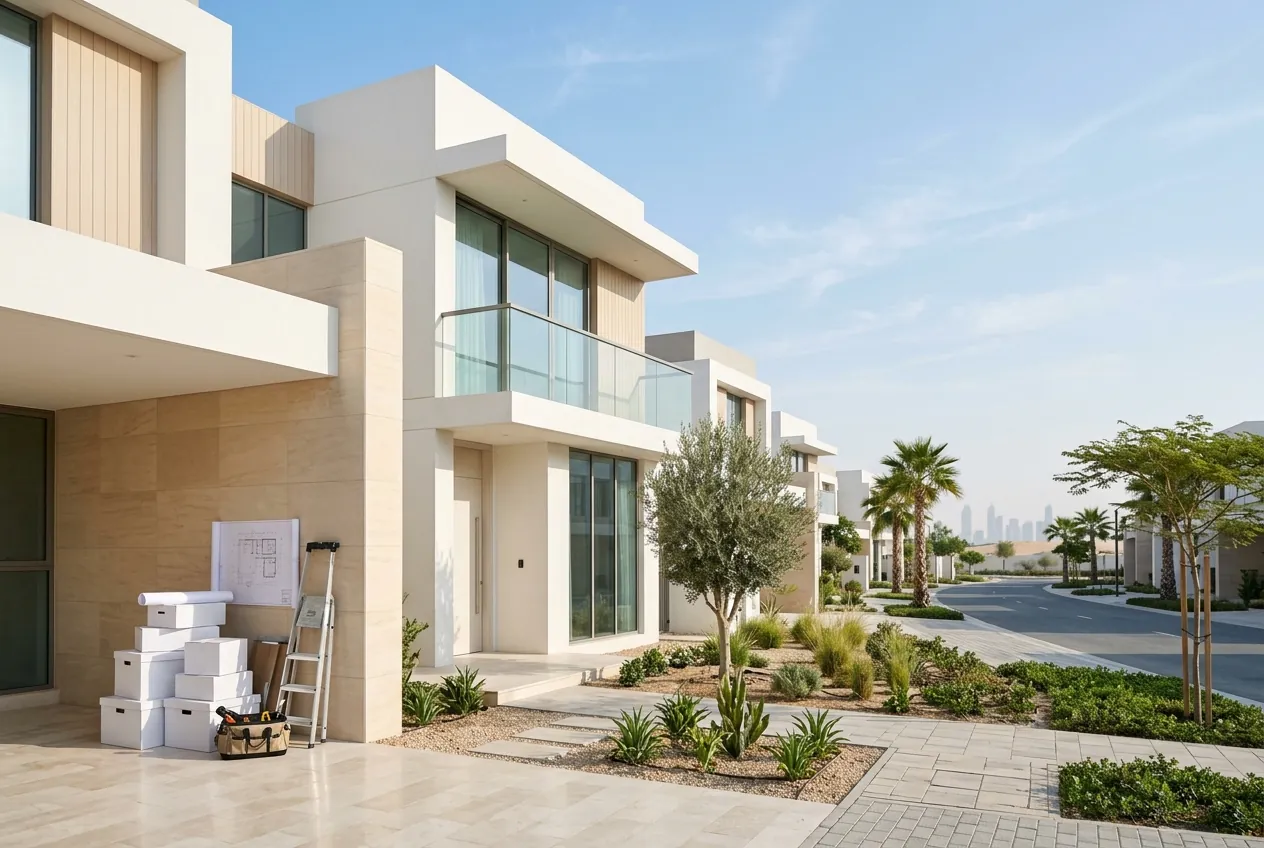 Modern two-story townhouses with landscaped yards and stacked boxes in the driveway along a quiet suburban street