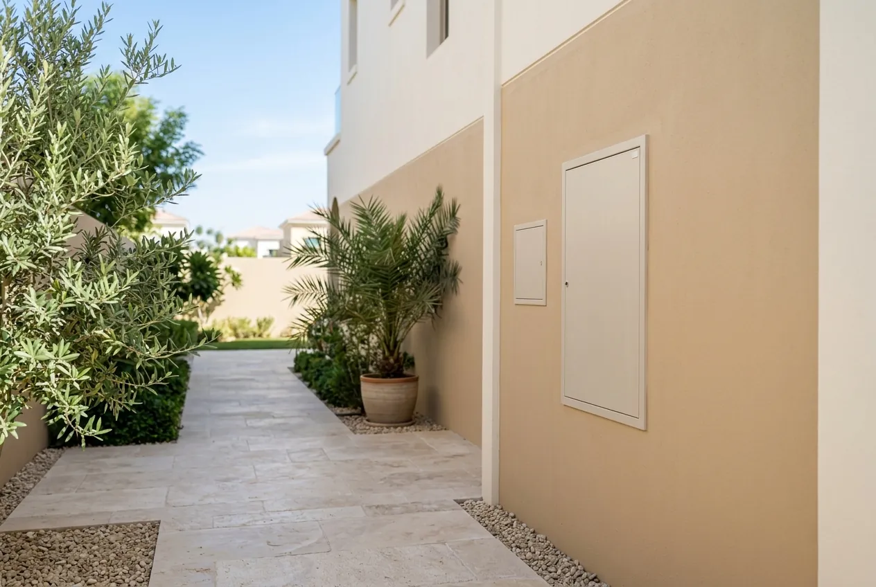 Paved side walkway alongside a beige stucco villa wall with integrated utility access doors and potted greenery