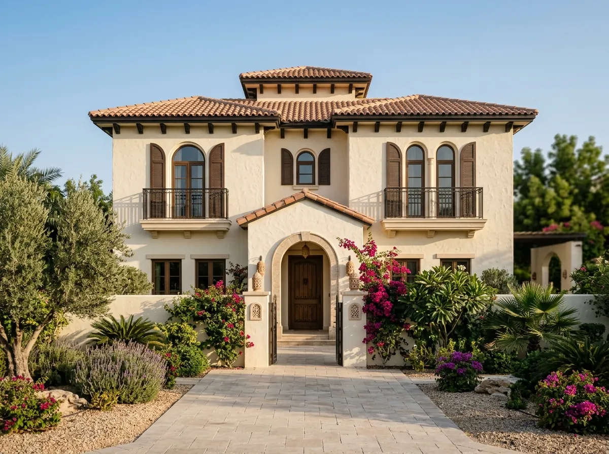 A two-storey Mediterranean villa with cream stucco walls, terracotta roof tiles, and blooming bougainvillea
