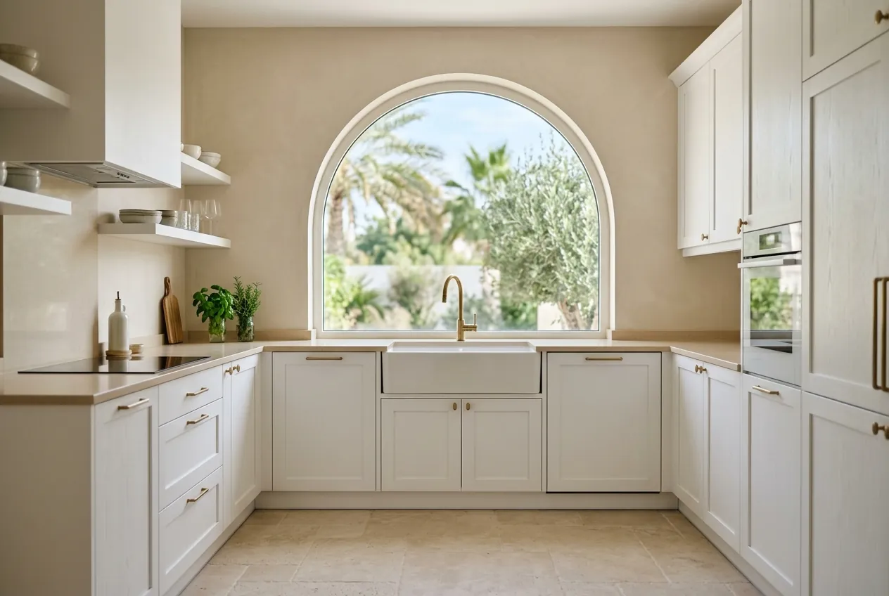 White shaker kitchen cabinets and a farmhouse sink beneath a large arched window overlooking a garden