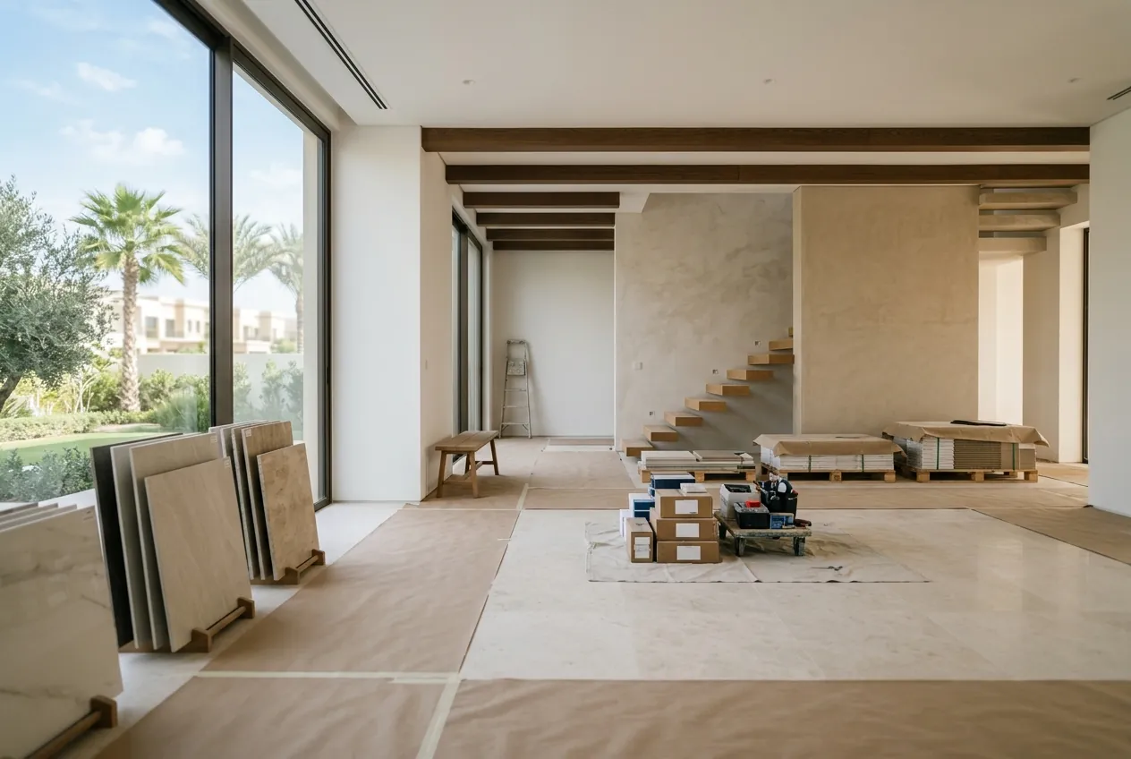 A spacious villa interior undergoing renovation with protected floors, neatly stacked tiles, and toolboxes