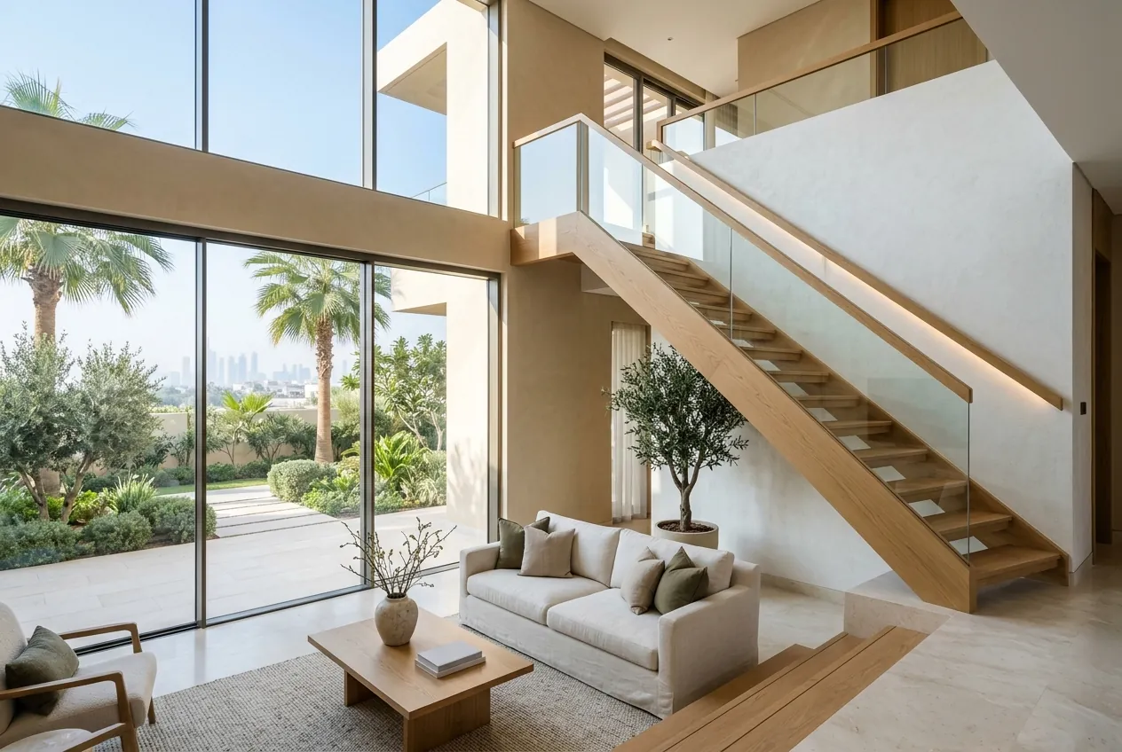 A modern double-height living room featuring an oak staircase, neutral sofa, and large windows overlooking a garden